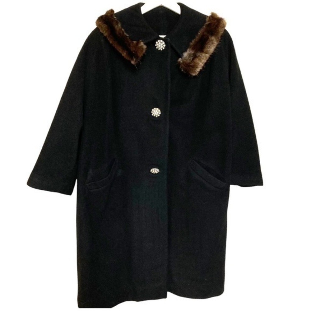 vintage M fur collar trim wool dress coat USA union made button down 3/4 sleeve